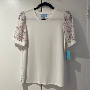 CeCe white T-Shirt with floral cap sleeve